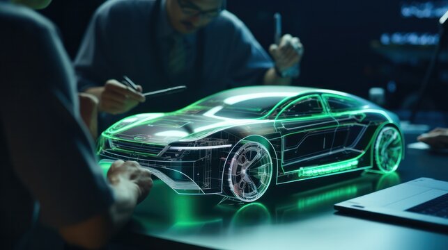 Car Design Engineers Using Holographic. Develop Modern Innovative High-tech Cutting Edge Eco-friendly Electric Car With Sustainable Standard, Automotive, Automobile, Transportation