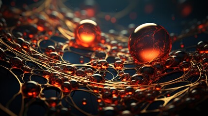 Illuminated Scarlet Spheres on Golden Filaments - generative ai - obrazy, fototapety, plakaty