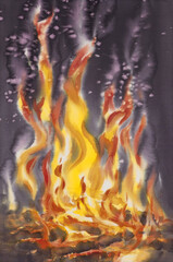 Fototapeta na wymiar Warm campfire light at night watercolor background
