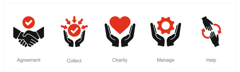 A set of 5 Hands icons as agreement, collect, charity