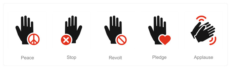 A set of 5 Hands icons as peace, stop, revolt