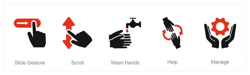 A set of 5 Hands icons as slide gestures, scroll, wash hands