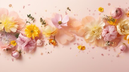 Array of diverse flowers with petals, anemones, ranunculus on soft pink backdrop. Floral design and decoration.