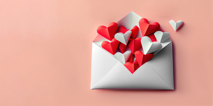 love letter envelope with paper craft hearts - flat lay on pink valentines or anniversary background with copy space
