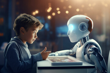 A little child meets and talks with a hi tech white humanoid robotic model isolated on a blurry night with glare lights background. Generative AI.