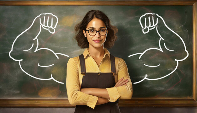Close-up of a nerd woman, flexes fake biceps muscles drawn on blackboard. Concept of confidence and determination.
