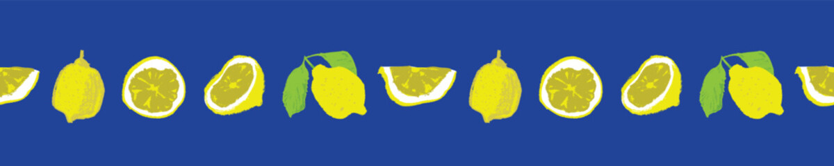 Vector seamless pattern frame of fresh lemons for banner or label lemonade template design. Lemon border. Crayon citrus drawings in naive hand-drawn style. Yellow fruit frame for cosmetics packaging.