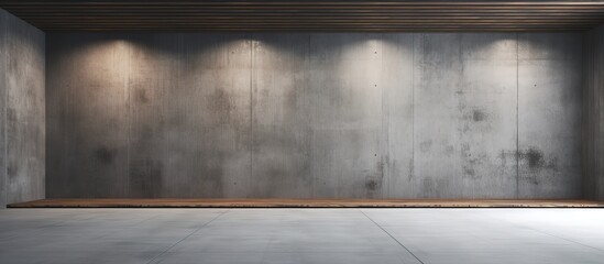 illustration and rendering of an empty dark architectural interior with smooth concrete and wood surfaces