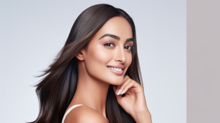 Fototapeta premium Beautiful young Indian woman smiles in a portrait with lustrous hair over a clean backdrop