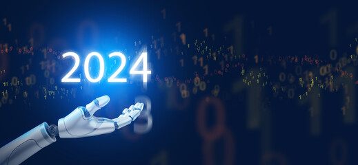 A robot hand, AI, shows the end of 2023 changing into the start of 2024. Happy new year and welcome...
