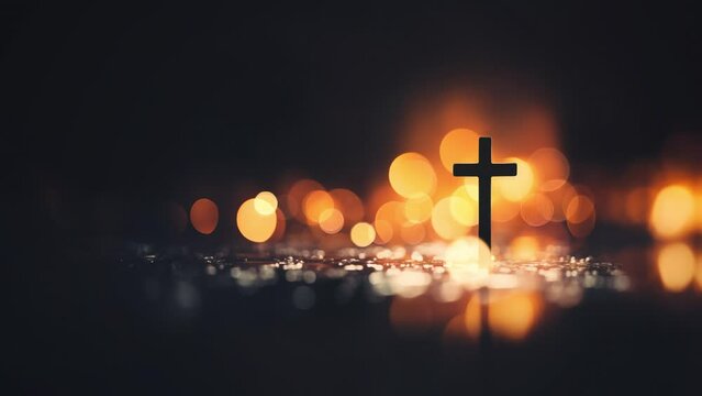 Softly shining beautiful electric light, the holy cross of Jesus Christ, church service, quiet prayer and meditation time, candle bokeh background
