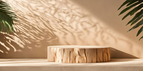 Natural log wood podium table in sunlight, tropical tree shadow. product display background.