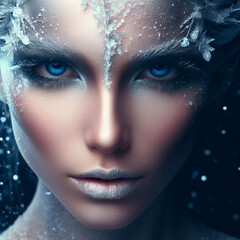 A beautiful girl with an unusual chic makeup and an image of ice and snow, a cold ice sorceress