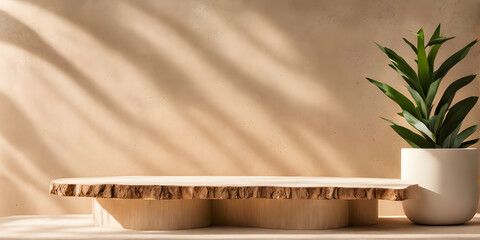 Natural log wood podium table in sunlight, tropical tree shadow. product display background.