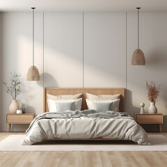 Home mockup, cozy Scandinavian bedroom interior 3d render. generative ai.
