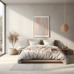 Home mockup, cozy Scandinavian bedroom interior 3d render. generative ai.