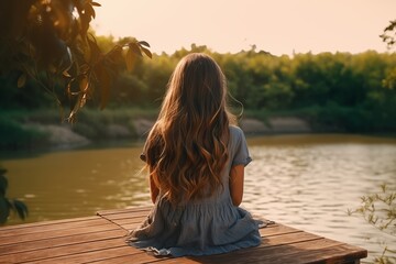 Teenage girl with long hair sitting on a wooden pier and looks at river 