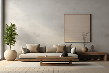 Home mockup, living room in Japandi style 3d rendering.. generative ai.