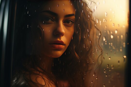 Close up portrait of beautiful adult woman sitting in car and looking out through wet window