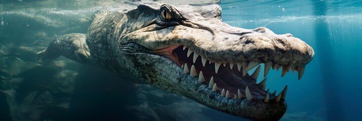 crocodile concealed beneath the water's surface, its eyes and snout visible as it waits patiently for a suitable moment to ambush a drinking prey. - obrazy, fototapety, plakaty
