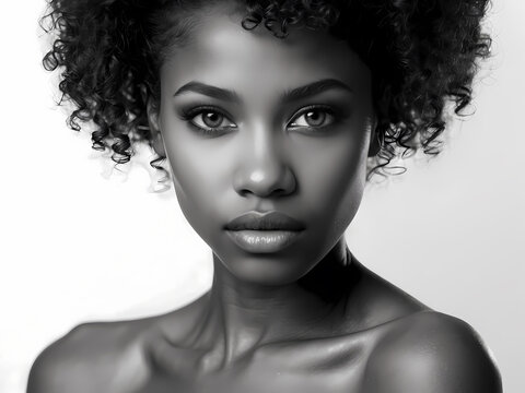 Front view of beautiful African woman model with calm expression and bare shoulders over gray background with copy space