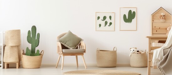 Cactus pillow in wicker basket by photo poster in white kid room with cupboard and rocking horse.