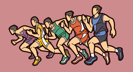 Group of People Running Action Marathon Runner Cartoon Sport Graphic Vector
