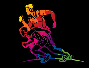 Fototapeta na wymiar Group of People Running Action Marathon Runner Cartoon Sport Graphic Vector
