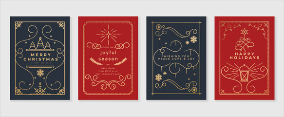 Luxury christmas invitation card art deco design vector. Christmas tree, bauble ball, snowflake, foliage line art on blue and red background. Design illustration for cover, poster, wallpaper.