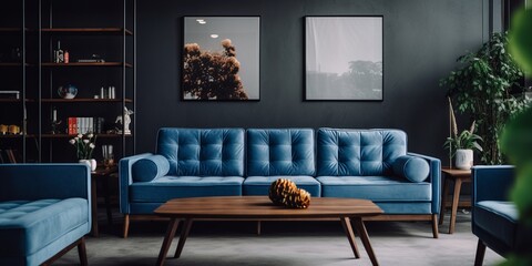 Modern living room with blue sofa