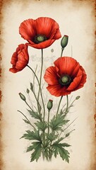 old scratched paper background with red poppies