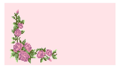 Pixel art flower ornament corner, decoration, background for wedding,card invitation, pink roses