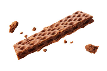 Crispy Wafer Chocolate stick falling with choc flake in the air isolated on transparent background, dessert sweet concept, piece of dark chocolate.