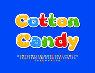 Vector bright sign Cotton Candy. Colorful Glossy Font for Kids. Creative Alphabet Letters, Numbers and Symbols.