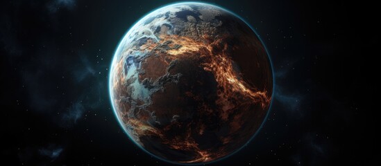 Exoplanet resembling Earth, depicted in 3D on black background.