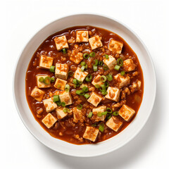 Fototapeta na wymiar Top view of Chinese food Mapo Tofu isolated on white background