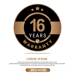 16 Year warranty vector art illustration in emas color with fantastic font and white background. Eps10 Vector