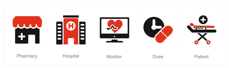 A set of 5 Health Checkup icons as pharmacy, hospital, monitor