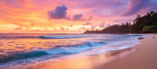 Colorful sunset over the sea with pink, purple, and orange sky, yachts on the horizon, and foamy waves on a sandy beach in Seychelles' Mahe.