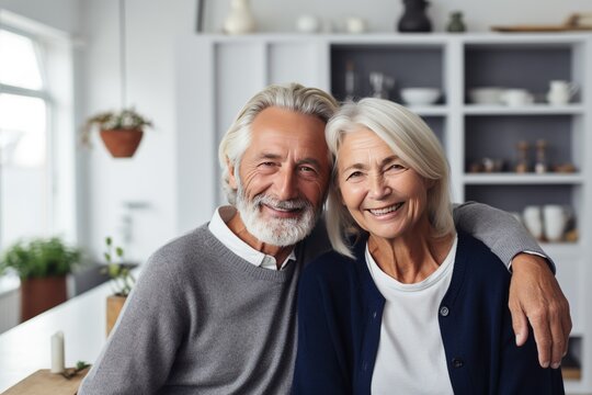 Joyful Elders: Senior Couple Relaxing in Living Room Bliss The couple senior couple smiles and talks on sofa in the living room