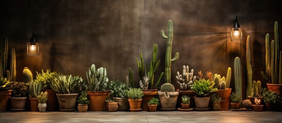 Indoor concept with potted cacti and plants close up under lights