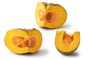 Pumpkin cut into halves on white