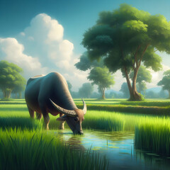 Water buffalo is eating grass in the rice flied.    