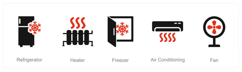 A set of 5 Home Appliance icons as referigerator, heater, freezer - obrazy, fototapety, plakaty