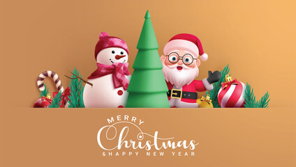 Christmas characters vector template design. Merry christmas and happy new year greeting card with santa claus and snowman characters for holiday season elegant background. Vector illustration xmas 