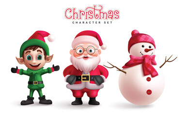 Christmas characters vector set design. Christmas santa claus, reindeer and snow man character in standing pose, happy and smiling cute cartoon collection. Vector illustration xmas characters 