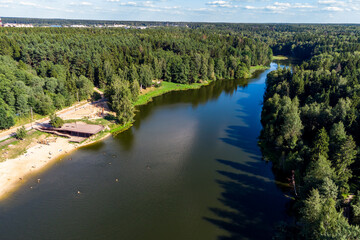 Equipped city beach on a pond on the Stradalovka River in the city of Balabanovo, Russia. Aerial...