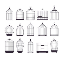 outlined cages. metal animal transport handing cages, line art simple pixel perfect ornamental bird cages collection. vector cartoon set of isolated objects.