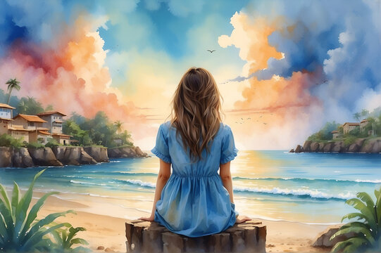 Viewed from behind, a girl wearing a blue dress sits on a log and looks out over the ocean under a colorful cloudy sky at sunset. 