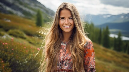 blonde norwegian young woman wearing a colorful top - outdoor portrait - obrazy, fototapety, plakaty